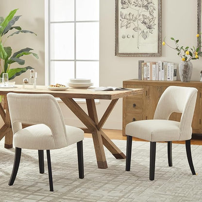VKNOW Wooden Dining Chairs Set of 2, Modern Fabric Upholstered Dining Room Chair Kitchen Chairs, Farmhouse Dinner Chair for Kitchen Dining Room, Beige-Black Legs
