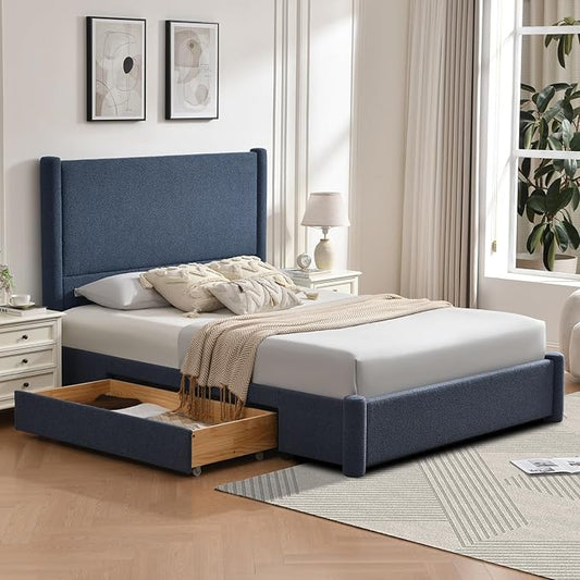 VELOCAVA Queen Size Upholstered Bed Frame with 51.77" Tall Headboard and Soft Rounded Corners, Side Storage Drawers, 12-Slat Support, No Box Spring Needed, Linen-Blend Fabric, Dusty Blue