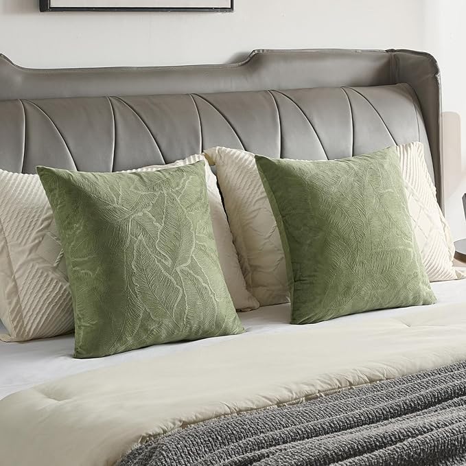 FUTEI Sage Green Velvet Throw Pillow Covers 22x22 Inch Set of 2,Soft Embossed Leaf-Relief Textured Cushion Cases,Natural Home Decor for Couch Living Room