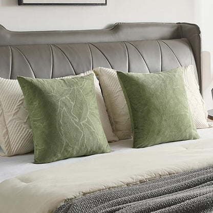 FUTEI Sage Green Velvet Throw Pillow Covers 24x24 Inch Set of 2,Soft Embossed Leaf-Relief Textured European Cushion Cases,Natural Home Decor for Couch Living Room