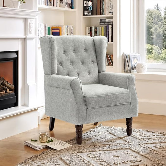 Lumibee High Back Accent Chair,Upholstered Wingback Armchair with Solid Wood Legs for Small Spaces,Comfy Single Sofa Chair for Living Room,Bedroom,Office-Light Gray