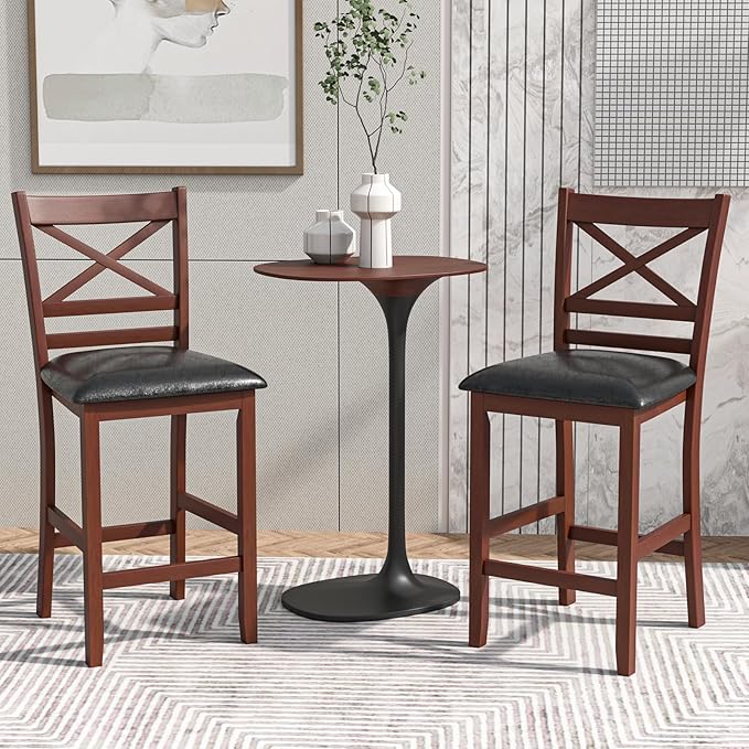 COSTWAY Barstools Set of 2, 25” Counter Height Mid Century Modern Island Chairs with Back, Soft Cushion & Faux Leather Seat, Wooden Armless Kitchen Stools for Home, Cafe Shop, Restaurant, Pub