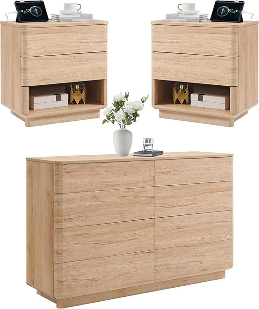 ACCOHOHO Modern Bedroom Set, 3 Pieces Bedroom Furniture Set, Wood 8 Drawer Dresser and Nightstands Set of 2, Chest of Drawers Wide Storage Organizer Cabinet for Bedroom, Natural Oak
