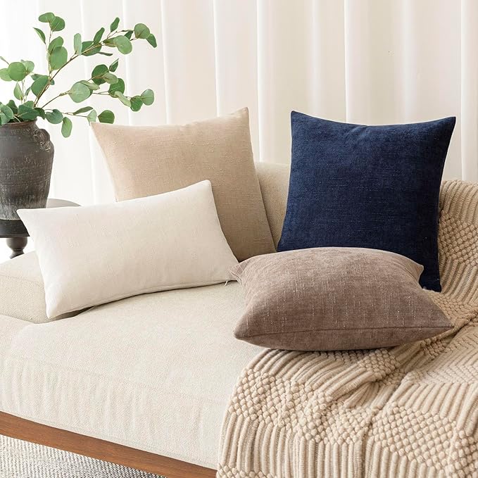 Foindtower Pack of 2 Soft Textured Chenille Throw Decorative Pillow Covers Square Accent Solid Cushion Cover Cozy Farmhouse Pillow Case with Zipper for Couch Sofa Bedroom Living Room 16x16 Inch, Taupe