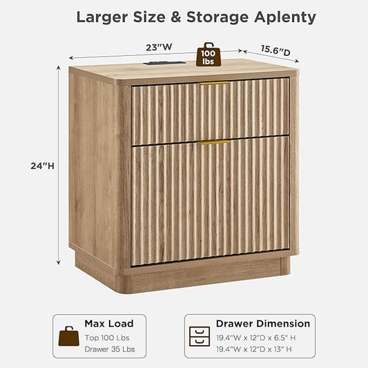 T4TREAM 23'' Fluted Nightstand with Charging Station, Large 2 Drawer Bedside Table, Modern End Table with Storage, Mid Century Night Stand for Bedroom, Living Room, Curved Profile, Natural Oak