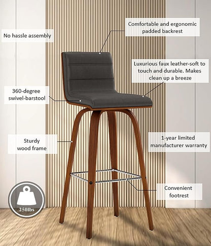 Vienna 30" Swivel Bar Stool in Walnut Wood Finish with Gray Faux Leather - Set of 4