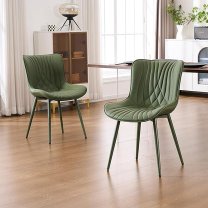 YOUTASTE Upholstered Leather Dining Chairs Set of 2 All Olive Green, Mid Century Modern Comfy Kitchen Dining Room Chair, Green Metal Legs, Armless Accent Chair for Living Room Bedroom