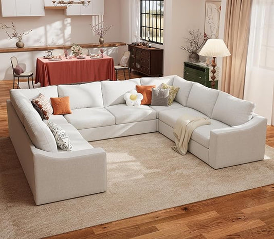 ABCASA U Shaped Sectional Sofa with Detachable Cover, Modular Couch for Living Room, Breathable Linen Fabric Corner Couch with 11 Seats, Ivory