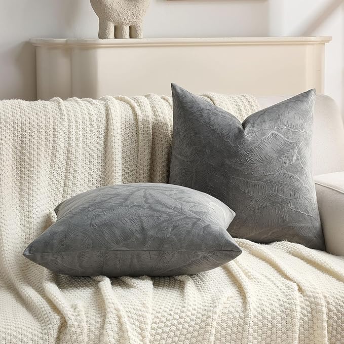 FUTEI Dark Grey Velvet Throw Pillow Covers 24x24 Inch Set of 2,Soft Embossed Leaf-Relief Textured European Cushion Cases,Natural Home Decor for Couch Living Room