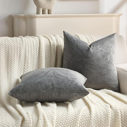 FUTEI Dark Grey Velvet Throw Pillow Covers 16x16 Inch Set of 2,Soft Embossed Leaf-Relief Textured Cushion Cases,Natural Home Decor for Couch Living Room