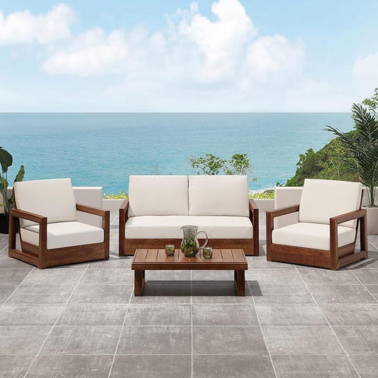 Christopher Knight Home Olaf 4 Pieces Outdoor Conversation Set, Acacia Wood Chat Set, Rectangular Coffee Table and Patio Loveseat with 2 Club Chairs, Patio Furniture Set with Cushion, Beige+Mocha