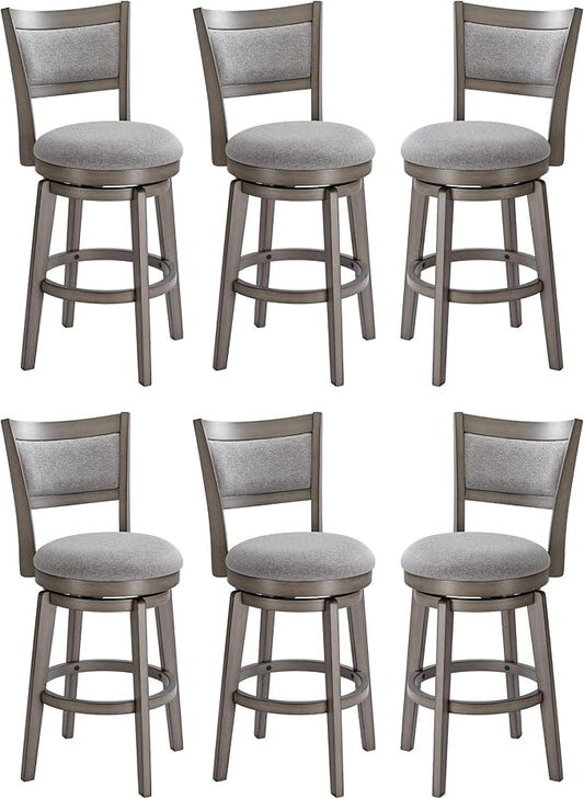 PrimeZone Swivel Bar Stools Set of 6, 26 Inch Counter Height Barstools, High Back Bar Stool with Solid Wood Legs & Wrap-Around Footrest, Counter Stools for Kitchen Island, Pub, Grey