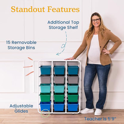 ECR4Kids 5-Tier Storage Rack with 15 Cubby Bins 5x3, Multipurpose Organization, Contemporary