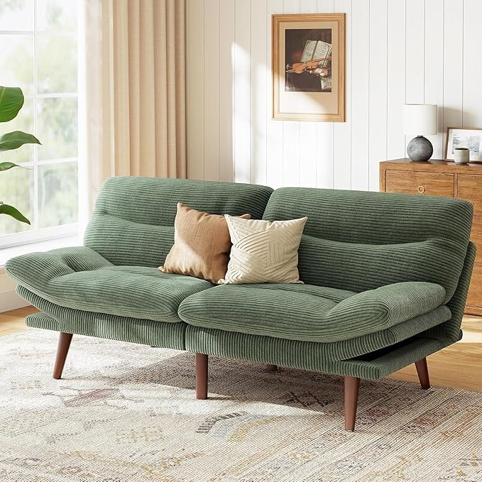 Marsail Futon Sofa Bed, Futon Couch with Adjustable Backrest & Armrests, Convertible Small Sleeper Sofa Bed for Small Apartments, Study Room, Office, Corduroy Loveseat, Green
