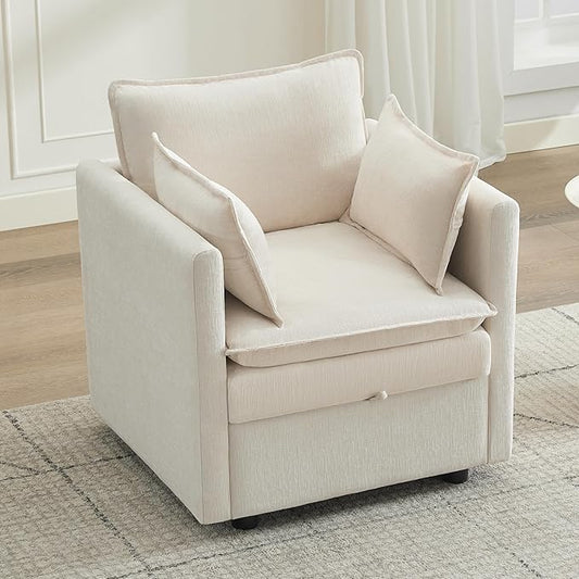 30" Cloud Modular Single Sofa Chair with Storage, Modern Upholstered Accent Chair Deep Seat, Chenille Reading Lounge Armchair for Living Room, Bedroom, Small Space, Beige
