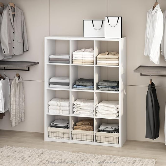 Furinno Cubic Closet Organizers and Storage, 12-Cube Closet Organizer, Open Shelf Closet Storage, Extra Thick Frame for Wardrobe, Bedroom, Living Room, White
