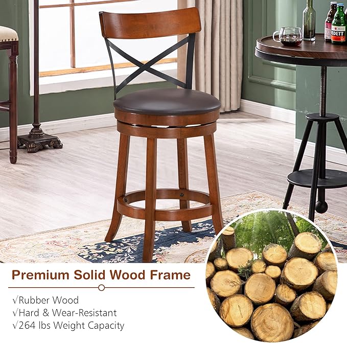 ERGOMASTER Swivel Counter Height Barstool 24 Inch Seat Height Bar Chair Cappuccino X Open Back （ 24 Inches, Set of 2）