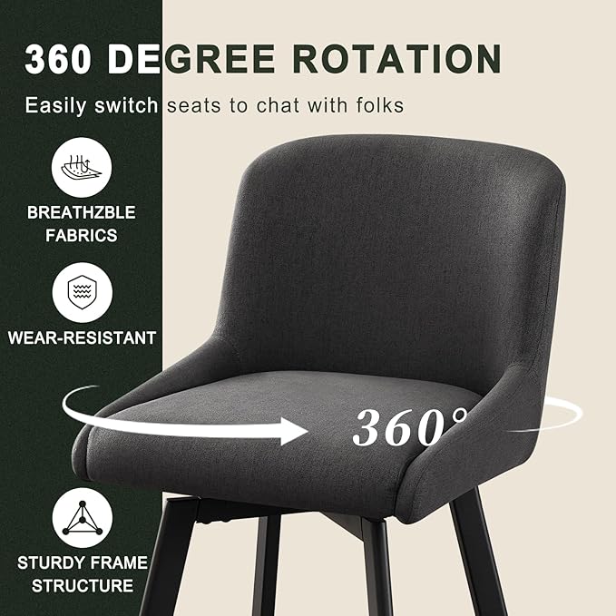 Swivel Counter Height Bar Stools Set of 6, 26''H Upholstered Barstools with Backs, Modern Bar Stool Chairs for Kitchen Island, Metal Legs, Fabric, Black Grey Stools Counter Chair