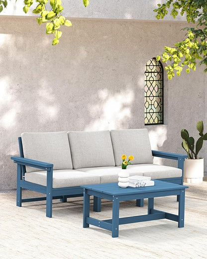 SERWALL HDPE Patio Sofa Set, 4-Piece Sectional Outdoor Furniture Set, All Weather Outdoor Couch Set Patio Furniture Set for Deck, Lawn, Blue Frame with Khaki Cushion