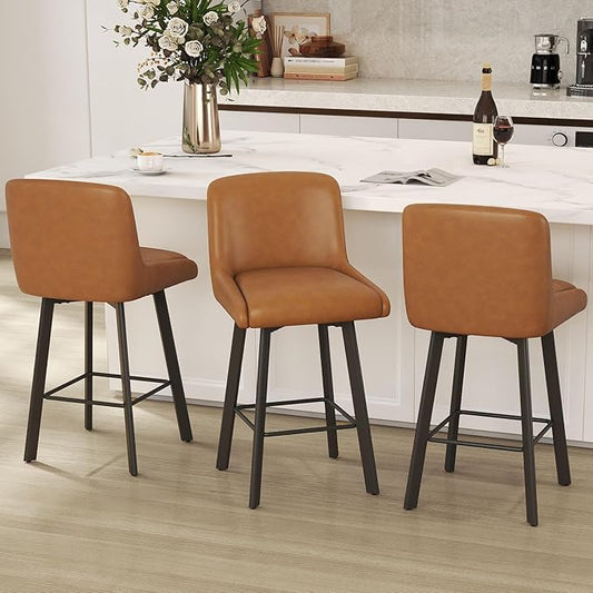 Swivel Counter Height Bar Stools Set of 3, 26''H Upholstered Barstools with Backs, Modern Bar Stool Chairs for Kitchen Island, Metal Legs, Faux Leather, Whiskey Brown Stools Counter Chair