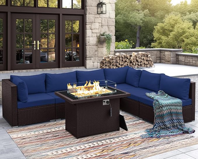 NICESOUL 7 Piece Large Size Patio Sectional Furniture Set with Firepit Propane/Natural Gas, 29.3'' High Back Outdoor Sofa Conversation Couch, Tall Wide Deep Sitting, Brown Rattan and Navy Cushion