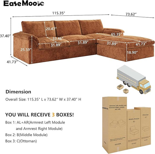 EASE MOOSE Oversized Sectional Cloud Couch for Living Room, Modular Boneless Sofa L-Shaped, Cloud Sofa Set with Fluffy Foam, 4-Seater Comfy Sofas with Ottoman for Bedroom Apartment, Chenille (Brown)