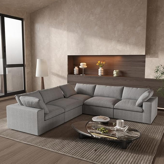 Cloud Couch Modular Sectional Sofa,160.6" Down Filled 5 Seater Convertible Sectional Sofas,V Shaped Couch for Living Room,Covers Washable&Replaceable-Gray