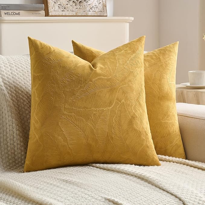 FUTEI Golden Yellow Velvet Throw Pillow Covers 20x20 Inch Set of 2,Soft Embossed Leaf-Relief Textured Cushion Cases,Natural Home Decor for Couch Living Room