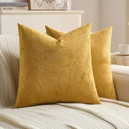 FUTEI Golden Yellow Velvet Throw Pillow Covers 24x24 Inch Set of 2,Soft Embossed Leaf-Relief Textured European Cushion Cases,Natural Home Decor for Couch Living Room