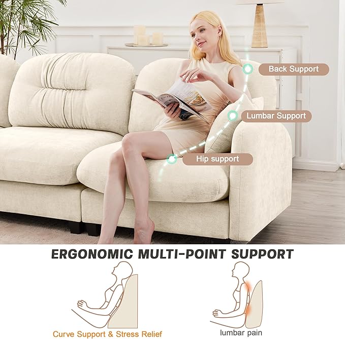 107" L Shaped Sofa for Living Room, Comfy Chenille Fabric Cloud Sectional Couch, Modern Upholstered Deep Seat Sofa with Pillow and Movable Ottoman, Oversized 3 Seater Sectional Sofa, Beige