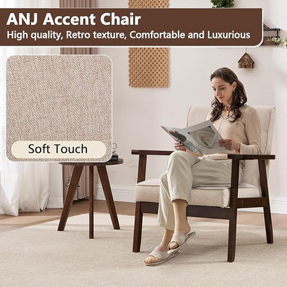 ANJ Mid Century Modern Accent Chair, Armchair for Living Room & Bedroom, Tufted Fabric Upholstered Side Chair with Solid Wood Legs, Comfortable Single Seater Reading Chair, Beige