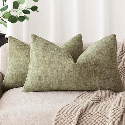Foindtower Pack of 2 Textured Chenille Throw Decorative Pillow Covers Square Accent Solid Cushion Cover Neutral Farmhouse Lumbar Pillow Case for Couch Sofa Bedroom Living Room 12x20 Inch,Sage Green