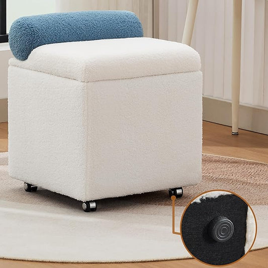 Boucle Vanity Chair with Storage, Swivel Makeup Vanity Chair with Wheels & Safety Hinge, Upholstered Vanity Stool Ottoman for Bedroom, Dressing Room, White