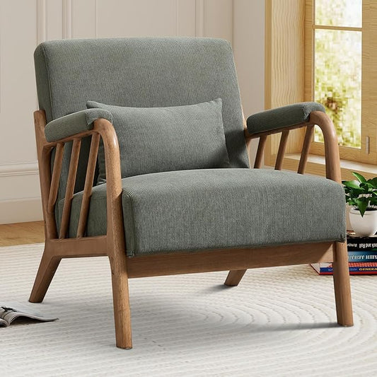 Mid Century Modern Accent Chair with Solid Wood Frame, Upholstered Living Room Chairs with Lumbar Cushion Padded Arms, Reading Armchair for Bedroom (1, Green)