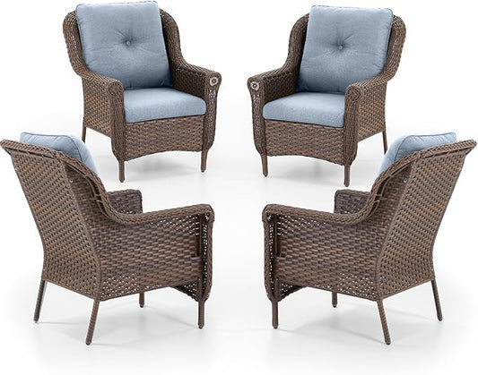 Patio Wicker Chairs Outdoor Furniture Chair - Set of 4 Outside All Weather Lawn Dining Brown Rattan Armchair with High Back&Deep Seating for Deck Porch Balcony Backyard Garden - Baby Blue