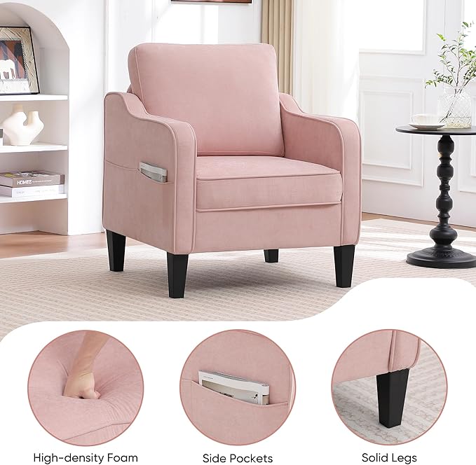 Accent Chair for Living Room, Mid Century Modern Reading Chair for Bedroom, Upholstered Armchair with Side Pockets, Comfy Single Sofa Side Chair for Office, Apartment, Small Room, Pink