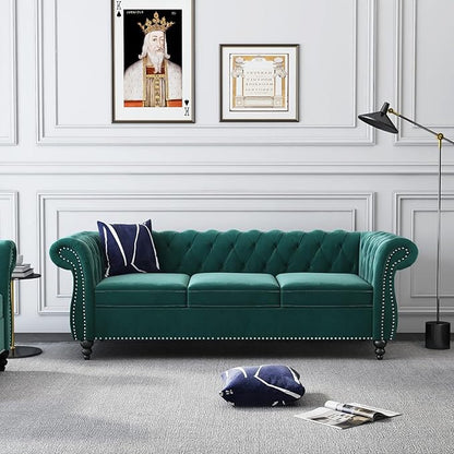 Chesterfield 3 Seater Sofa, Modern Velvet Tufted Couch 3 Seater with Rolled Arms and Nailhead Mid-Century Upholstered Couch for Living Room, Bedroom, Apartment and Office, Green