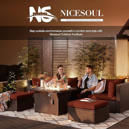 NICESOUL 10 Pieces Outdoor Patio Furniture Set with Fire Pit Table Natural Gas/Propane, 29.3'' High-Back Big Sectionals PE Wicker All Weather Conversations, Brown Rattan and Burgundy Cushion