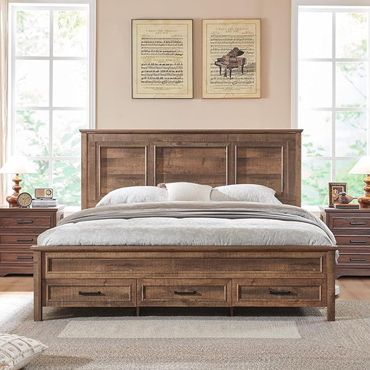 ACCOHOHO Farmhouse Queen Size Bed Frame with 52" Tall Headboard, Wood Platform Bedframe with Footboard and Storage Drawers, No Squeak, No Box Spring Needed, Light Brown