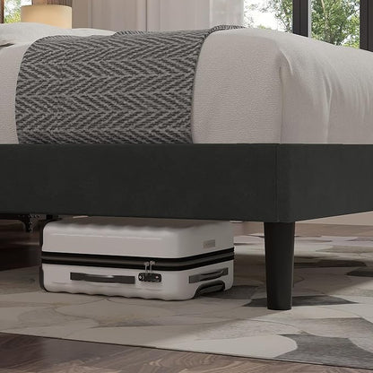 VECELO Full Size Bed Frame with Upholstered Headboard, Velvet Platform Bedframe Mattress Foundation, Strong Wood Slat Support, No Box Spring Needed,Grey