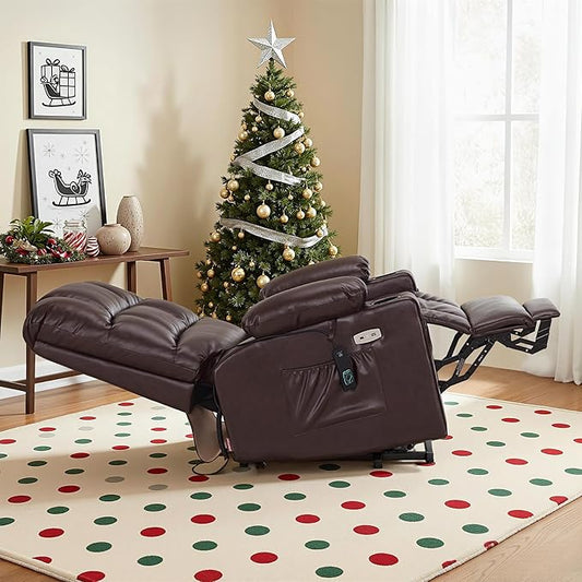 MCombo Large Dual Motor Power Lift Recliner Chair for Elderly, Massage and Heat, Lay Flat, Zero Gravity, Home Button, USB Port, Faux Leather 7680 (Light Brown, Large)