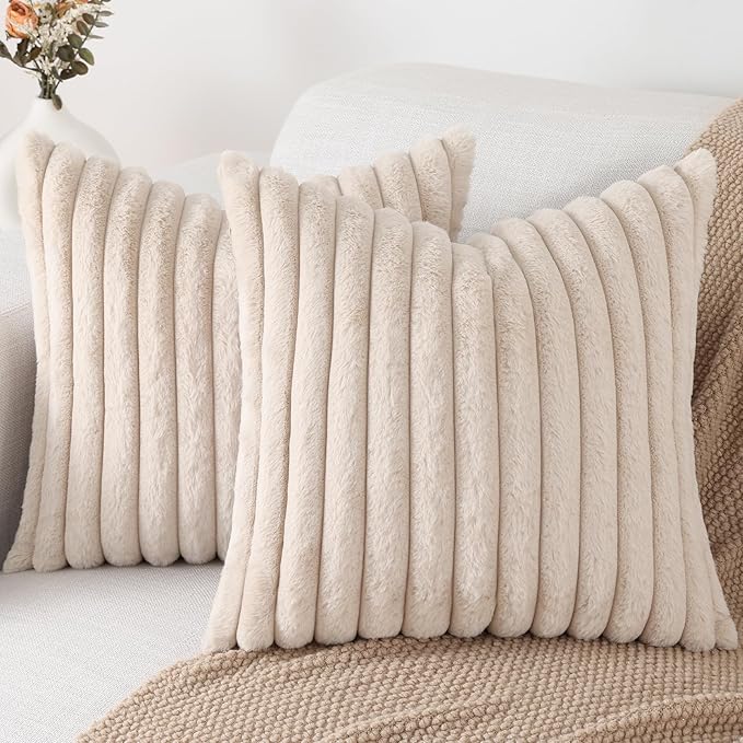Pallene Faux Fur Plush Throw Pillow Covers 20x20 Set of 2, Luxury Soft Fluffy Striped Decorative Pillow Covers for Sofa, Couch, Living Room, Apricot