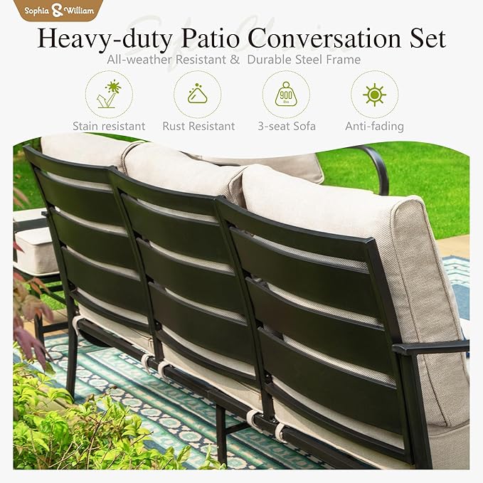 Sophia & William Patio Furniture Sets 7 Seats Outdoor Conversation Set 6 Pcs,2 x Cushioned Swivel Sofa Chairs,1 x 3-Seat Sofa,2 Ottomans, Marbling Metal Coffee Table Patio Backyard Poolside Beige