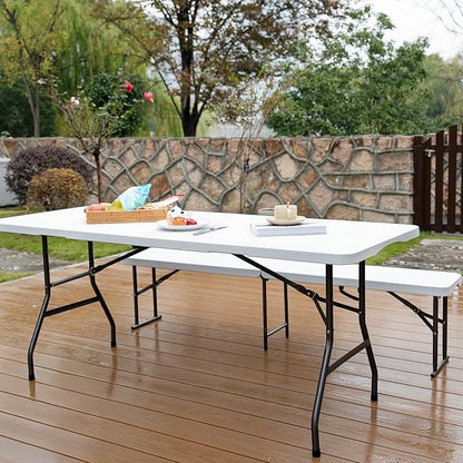Folding Table 6FT HDPE 6 Foot Foldable Table Portable Banquet Surface Fold-in-Half Desk Utility for Working Meeting Parties, Picnic, Camping, Weddings, Catering, Garden Dining-White
