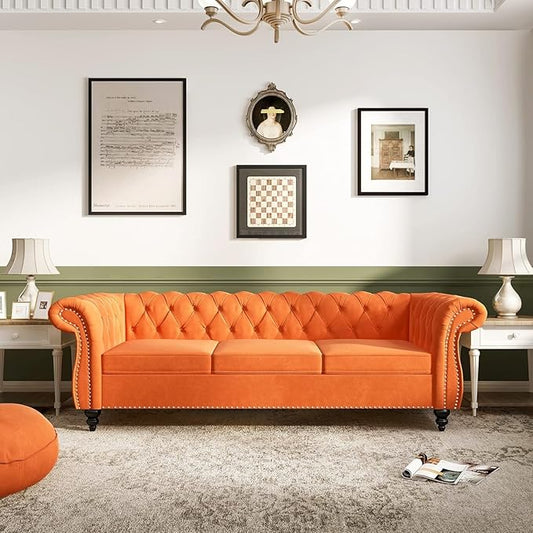 Chesterfield 3 Seater Sofa, Modern Velvet Tufted Couch 3 Seater with Rolled Arms and Nailhead Mid-Century Upholstered Couch for Living Room, Bedroom, Apartment and Office, Orange