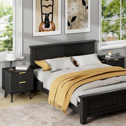LYNSOM Fluted Dresser and Nightstand Sets 4 Piece, 2-Drawer Nightstands and 5/6 Drawers Dresser, Wood Bedroom Furniture Set for Home, Bedroom, Hallway, Black
