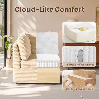 32.7'' Corner Seat for Modular Sectional Sofa, Deep Seat Upholstered Convertible Sleeper Sofas, L/U/V Shaped Plush Corduroy Cloud Couch for Living Room Apartment, Beige