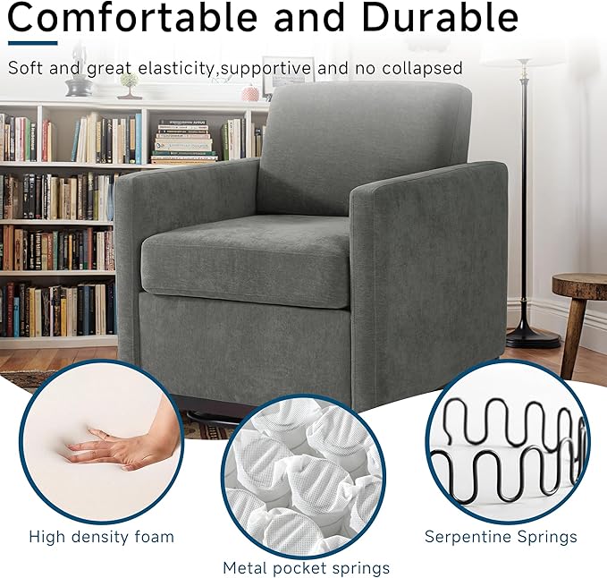 Pia Ricco Single Swivel Barrel Chair, Mid-Century Modern Accent Armchair with Plush Chenille Upholstery for Living Room & Cozy Reading Nook, Dark Gray
