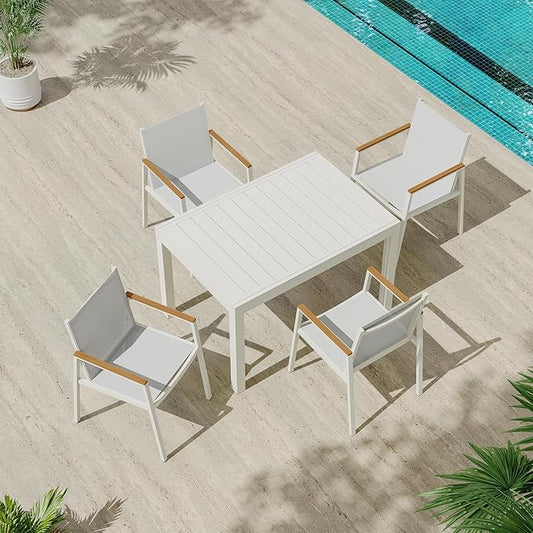 Expandable Outdoor Patio Dining Table Set for 6-8 Person, Aluminum Outdoor Table and 4 Chairs with Textilene Fabric & HDPS Armrest, All-Weather Patio Furniture Set for Yard, Garden, White