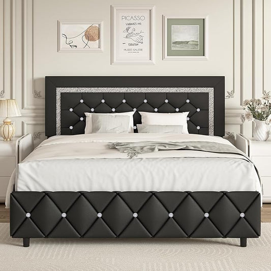 BarnFurin Queen Bed Frame with Headboard, Faux Leather Upholstered Bed with Button Tufted Headboard, Modern Platform Bed Frame with Diamond Design, No Box Spring Required, Easy Assembly, Black